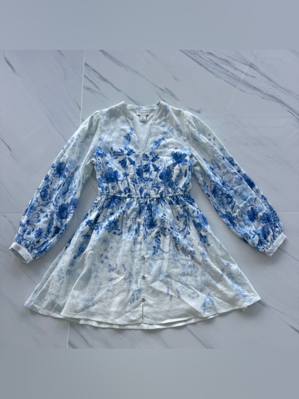 Calypso St Barth Women's Dress Linen Blend White Blue Floral V Neck Size M